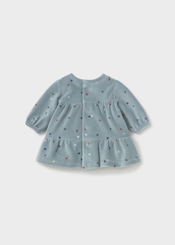 Vestito VELLUTO FIORI azzurro in velluto, con piccoli motivi floreali, maniche lunghe e gonna arricciata