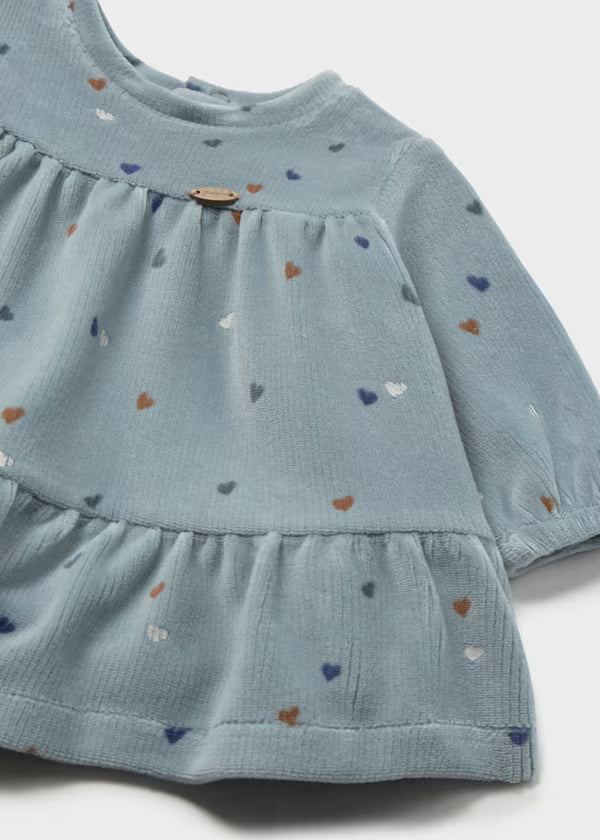 VESTITO VELLUTO FIORI azzurro per bambina, in velluto a coste con cuori multicolori e maniche corte arricciate