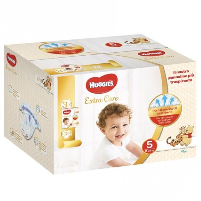 Megapack Huggies Extra Care diapers size 5 for 11-25 kg, breathable with absorbent pads and elastic waistbands, 75-pack