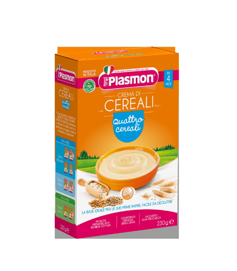 Confezione Crema 4 Cereali Plasmon per bambini con mix di frumento, riso, orzo e avena, consistenza cremosa senza grumi.