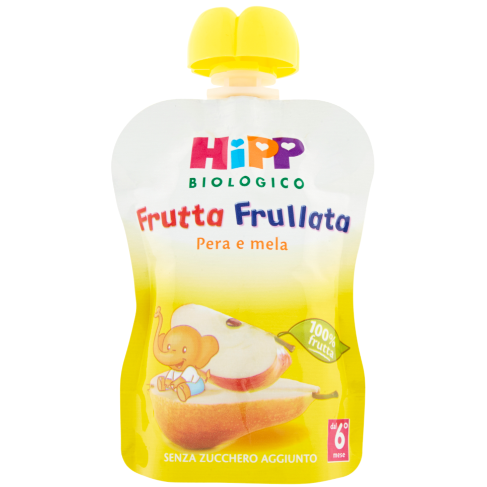HiPP Frutta Frullata pera e mela biologico purea di frutta per bambini senza zuccheri aggiunti in confezione da spremere.