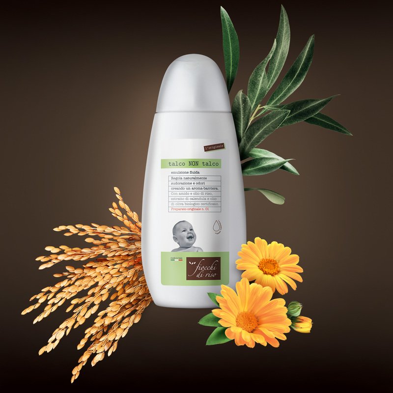 Talco non talco emulsione fluida 120ml with rice starch, calendula, and organic olive oil for sensitive skin odor control