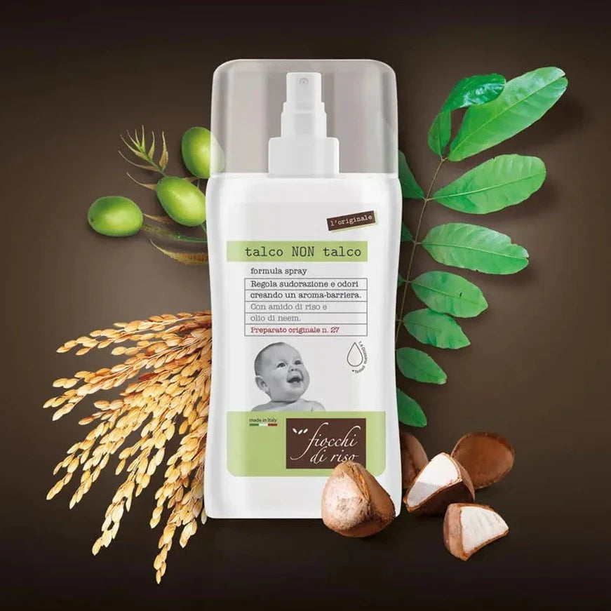 talco NON talco spray dermo-Zzzz 100ml with rice starch, andiroba oil, and neem extract for skin protection and freshness