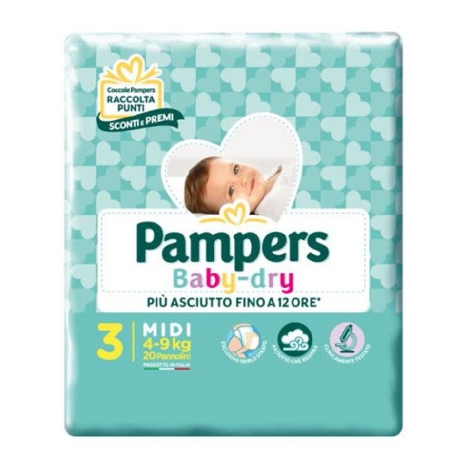 Pampers Dry Midi size 3 baby diapers 4-9kg with breathable, super absorbent material for up to 12 hours dryness