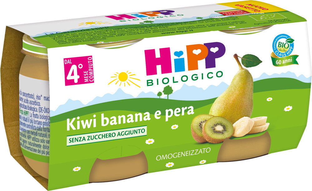 HiPP Biologico baby food with kiwi, banana, and pear, 2x80g organic fruit puree, gluten-free, no added sugars or preservatives