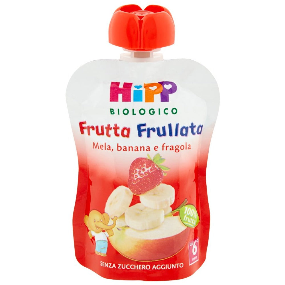 HiPP Biologico Frutta Frullata pouch with apple, banana, and strawberry puree, 100% organic fruit, no added sugar, baby snack.