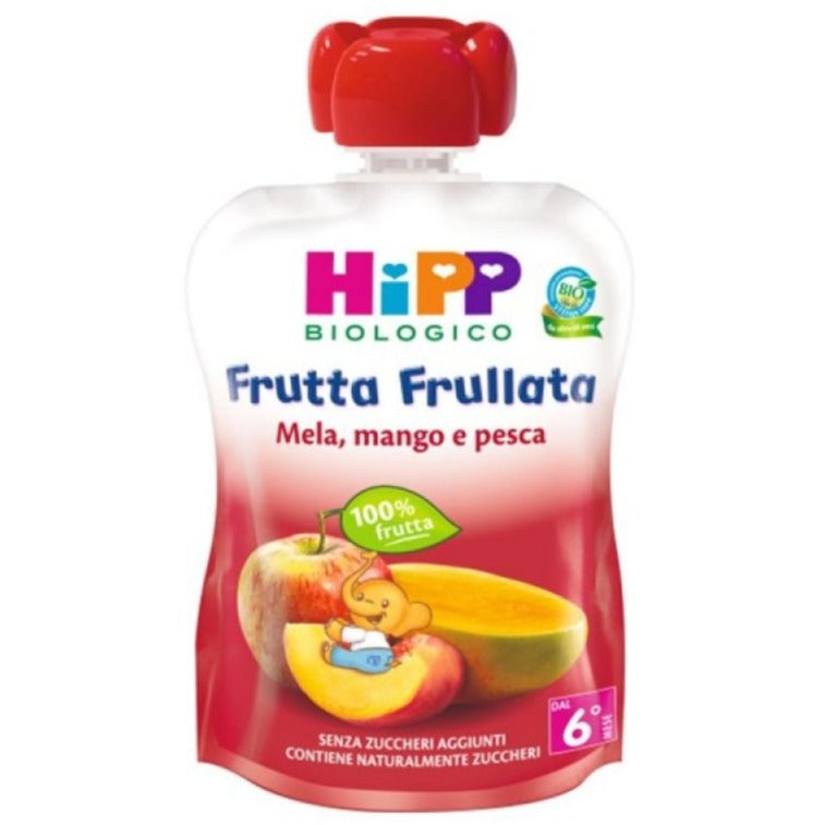HiPP Biologico Frutta Frullata mela mango pesca purea 100% frutta bio senza zuccheri aggiunti in confezione spremibile per bambini