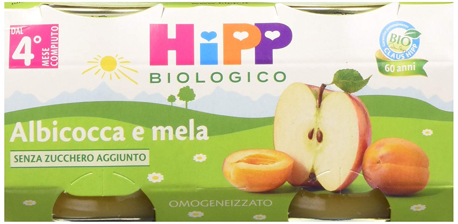 OMO ALBICOCCA MELA HIPP organic apricot and apple baby puree 2x80g gluten-free no added sugar or preservatives