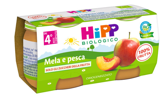 OMO PESCA/MELA BIO HiPP organic apple and peach baby food 2x80g pack gluten-free natural ingredients