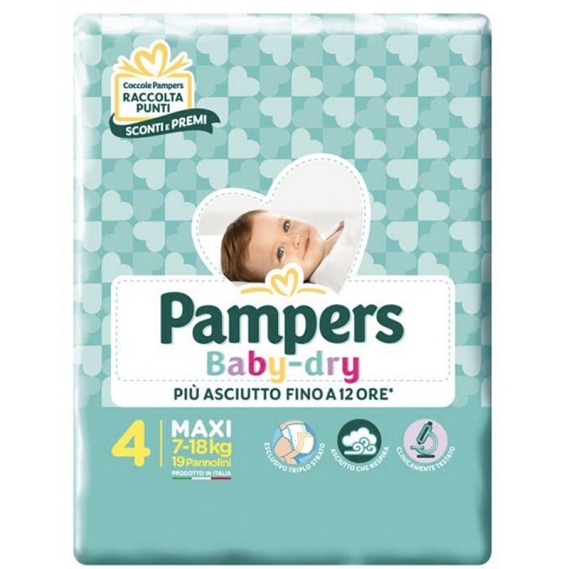 Pampers Dry Maxi size 4 diaper pack for babies 7-18 kg with breathable, super absorbent material for up to 12 hours dryness