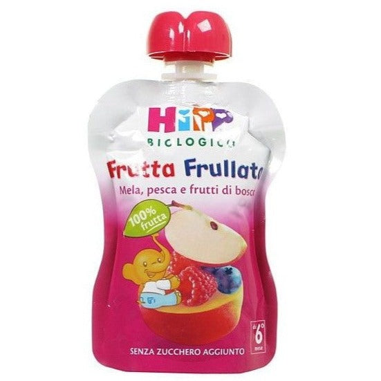 Confezione spremibile di Frutta Frullata HiPP mela pesca frutti di bosco senza zuccheri aggiunti 100% frutta biologica per bambini